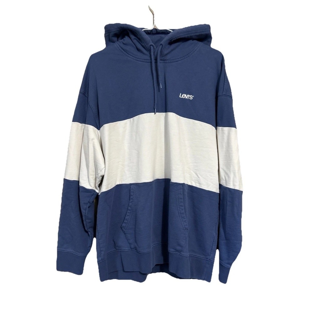 LEVI'S Men's L Oversized‎ Hooded Sweatshirt Blue White Rugby Style Stripe Hoodie